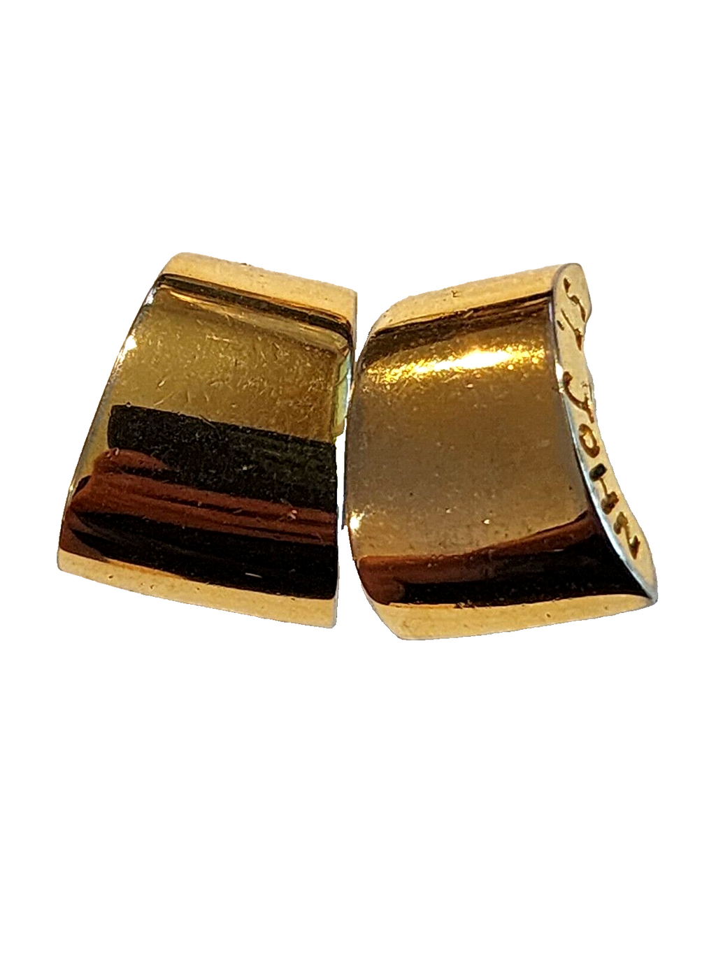 Vintage St John Half Hoop Logo Clip on Earrings Gold Tone Side Logo Signed