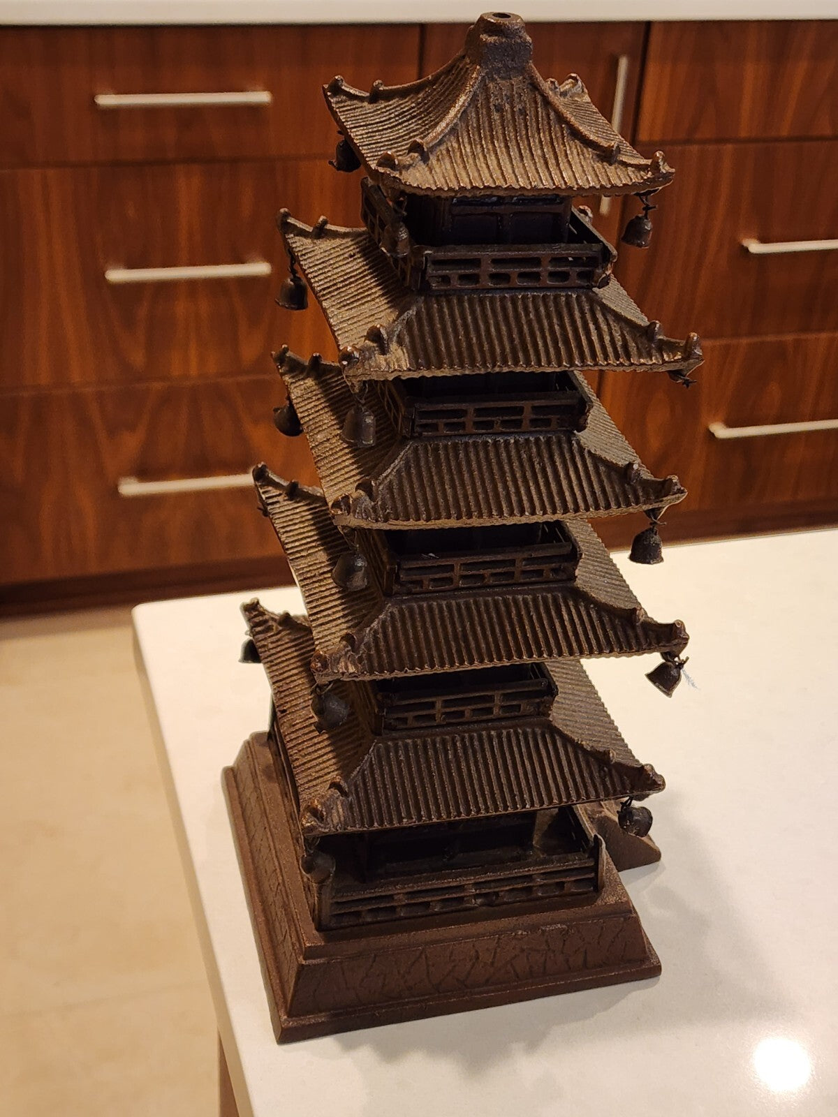 9" Old Chinese Bronze 5 layer Yellow Crane Tower House Attic Statue