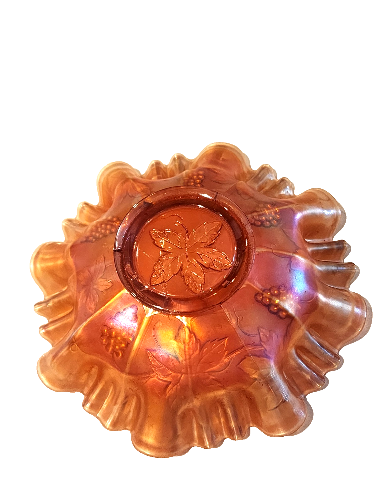 Vintage Fenton 8" Grape Leaves Marigold Carnival Glass Ruffled Edge Bowl