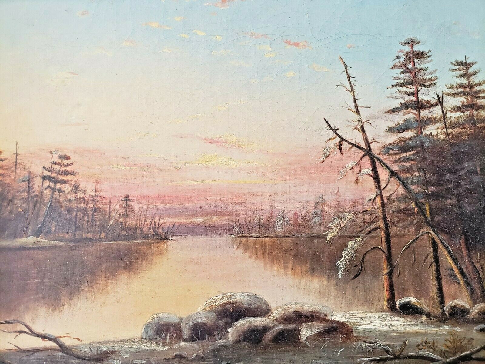 19th Century Sunset Scene O/C Art  16x10 1880s
