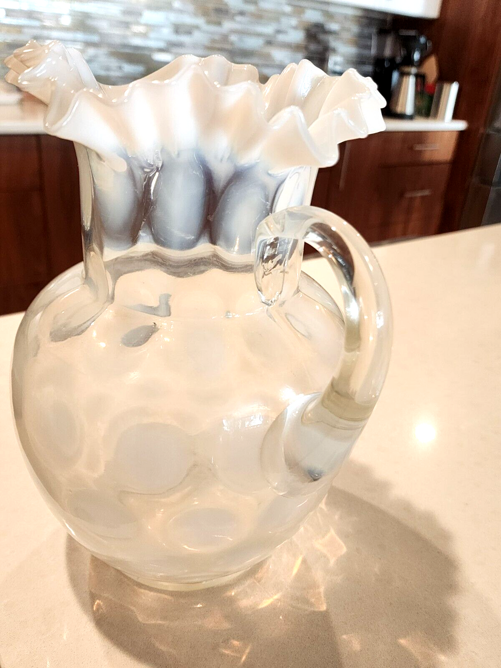 Vintage Fenton Coin Dot Opalescent Pitcher 9.5”