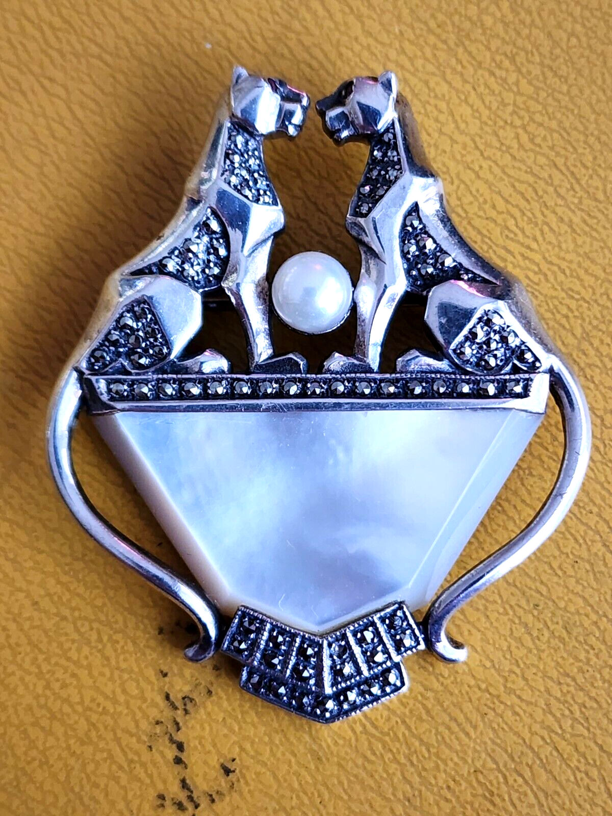 Art Deco Sterling Marcasite Panther & MOP Brooch
