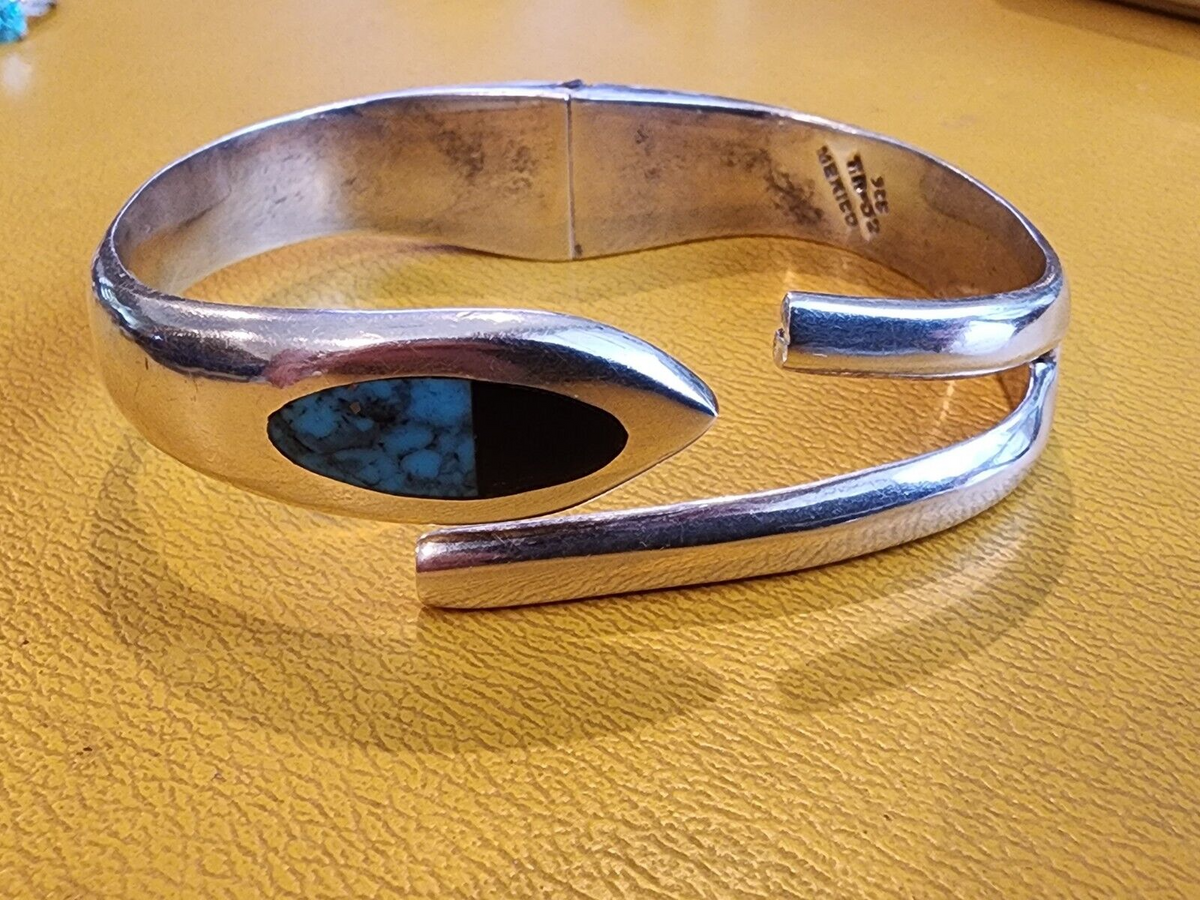 Attractive Mexican Stg. Silver & Turquoise Modernist Hinged Bracelet TN52 Taxco