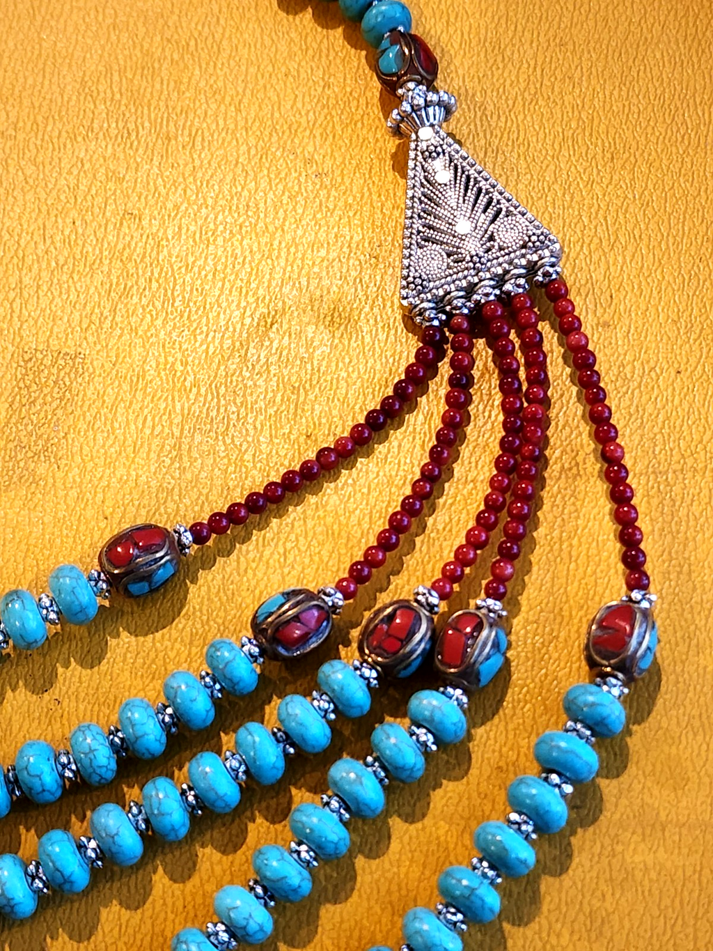 Multi Strand Tuquoise And Silver Native American Southwestern Necklace