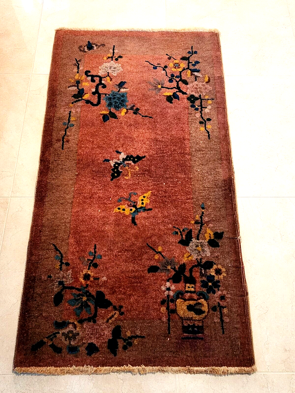 4x2 FT Old Handmade Chinese Small Wool Rug