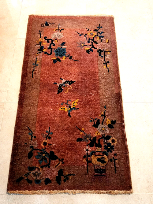 4x2 FT Old Handmade Chinese Small Wool Rug