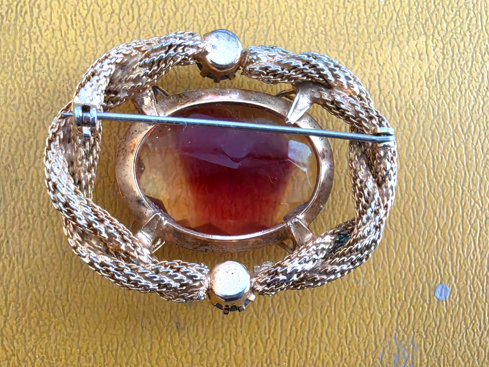 VINTAGE LARGE FACETED MULTI COLORED GLASS GOLD TONE MESH AB STONE BROOCH PIN