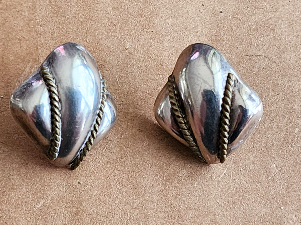 Vintage Large sSterling Silver & Brass Earrings Mexican, Mexico, Taxco
