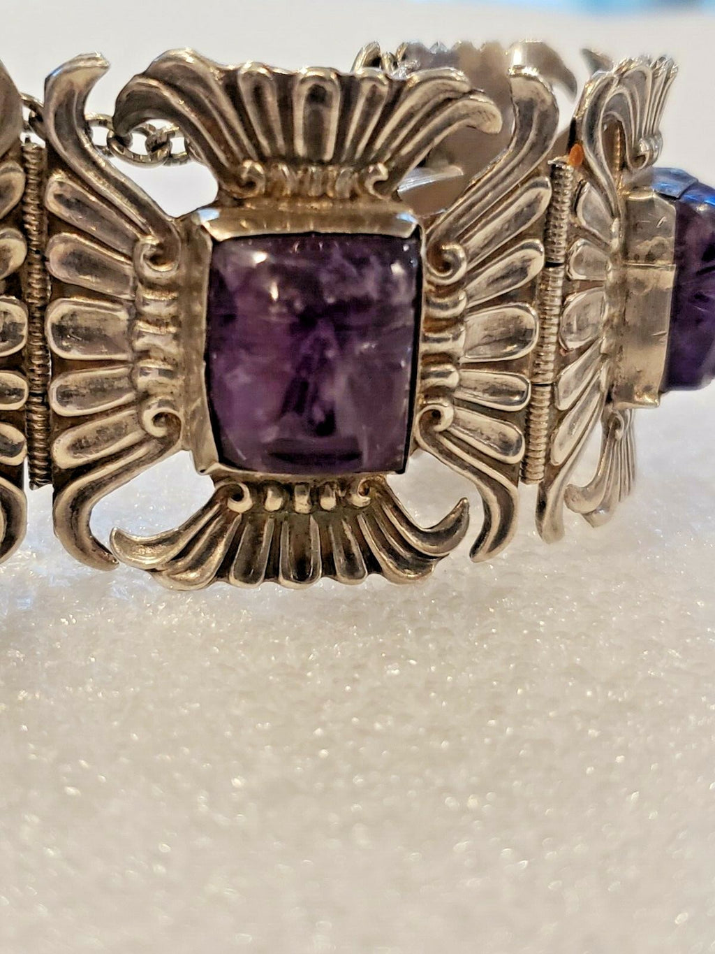 Beautiful 1940s Mexico Sterling and Amythyst in Faces Bracelet