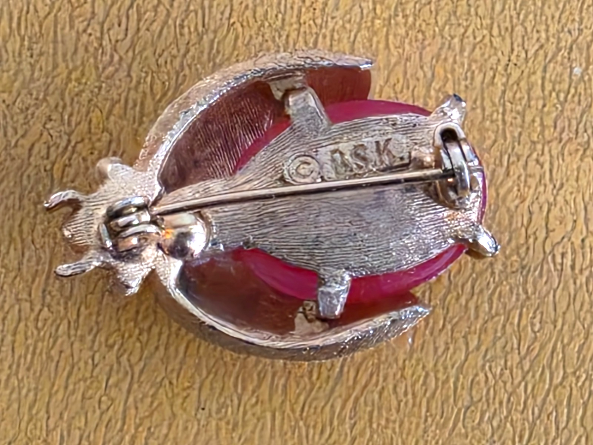 Vintage Signed BSK Faux Coral & Pearl Flying Insect Beetle Bug Pin Brooch