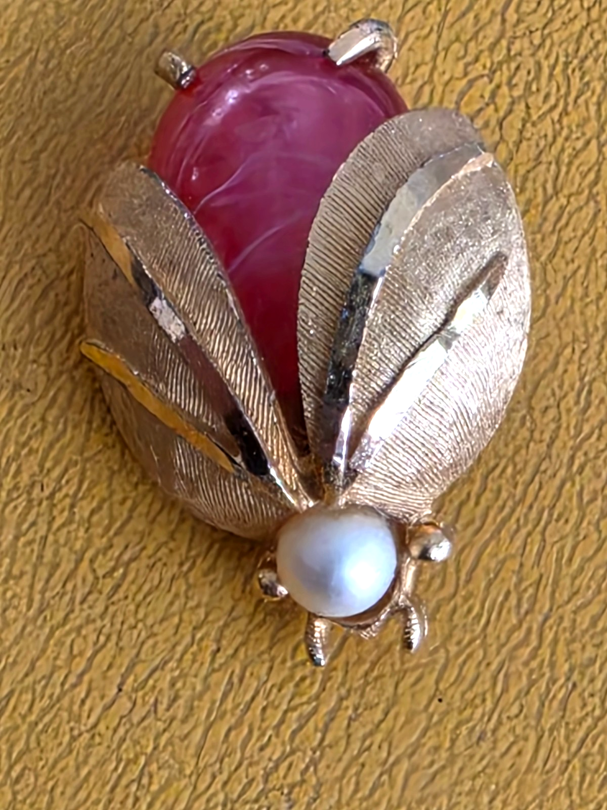 Vintage Signed BSK Faux Coral & Pearl Flying Insect Beetle Bug Pin Brooch