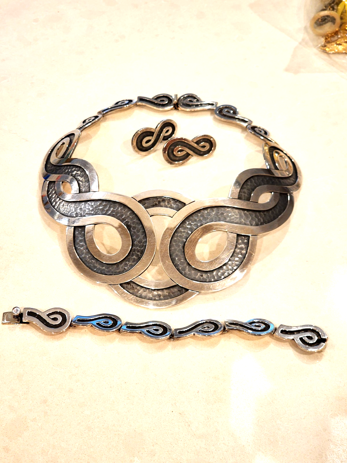 Taxco Mexico Sterling Silver Figure 8 Modernist Necklace Bracelet Earring Set
