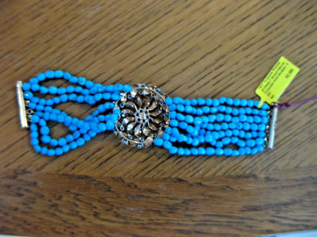 Beautiful 7 Strand Turquoise Bead 6 3/4" Bracelet with 14K Medallion