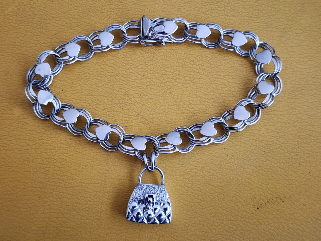 14k White Gold Heart Triple Link Braided Chain Charm Bracelet 8”