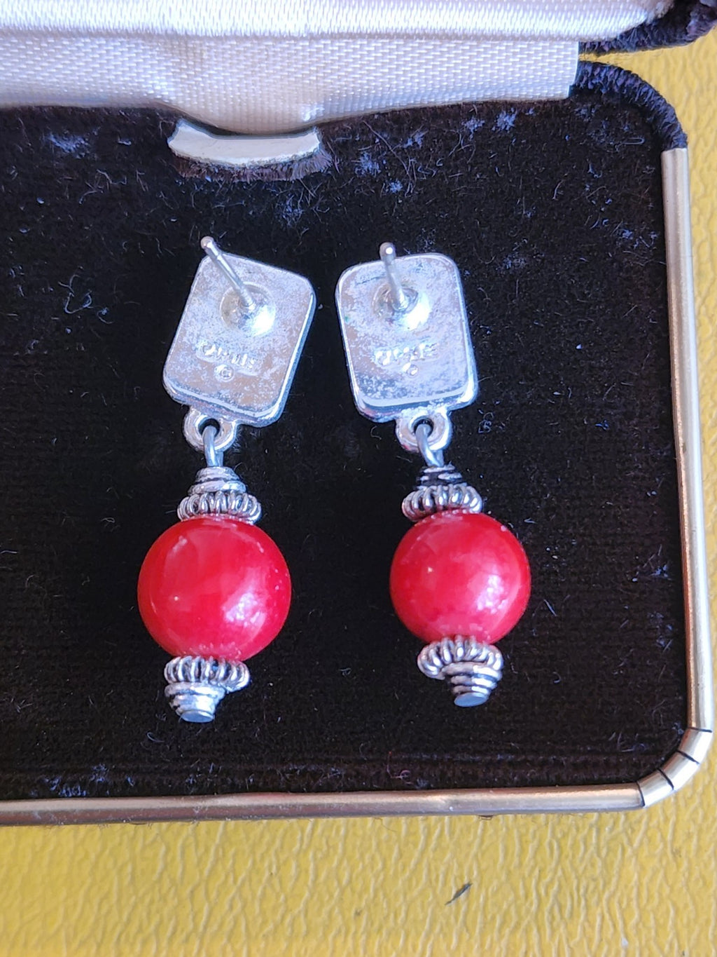 Carol Lee Faux Red Coral And Silver Earrings