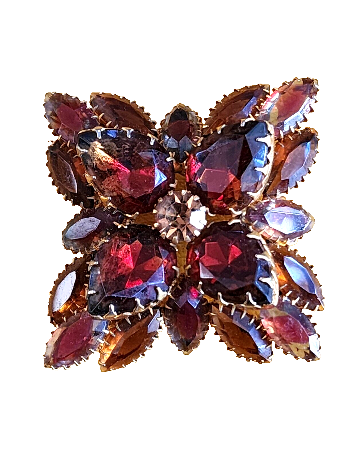 Vintage Root Beer Brown Rhinestone Crystal Brooch Gold Tone Layered