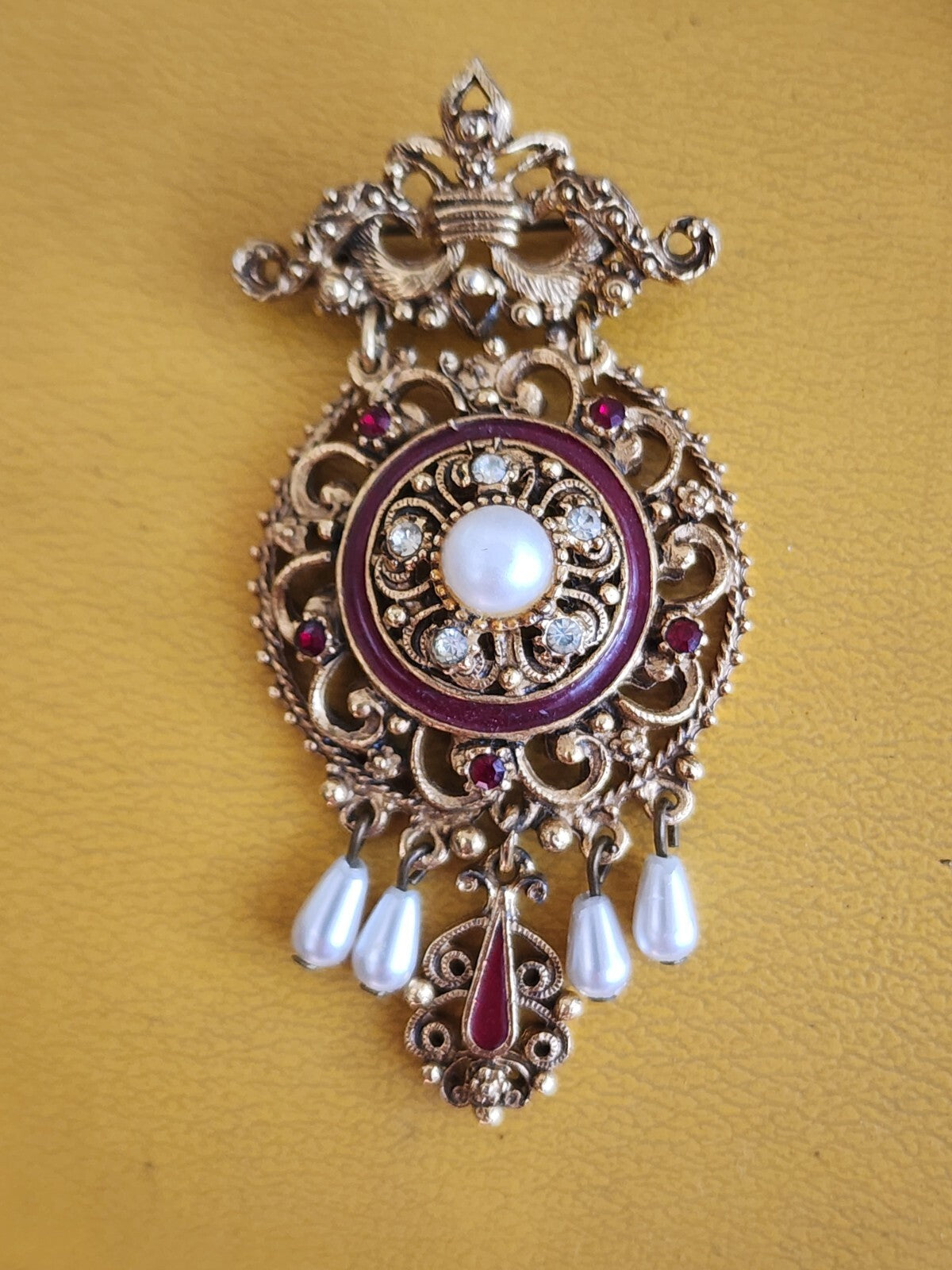 Florenza Victorian Style Ornate Faux Pearl  Rhinestone Brooch Revival Pin Mother