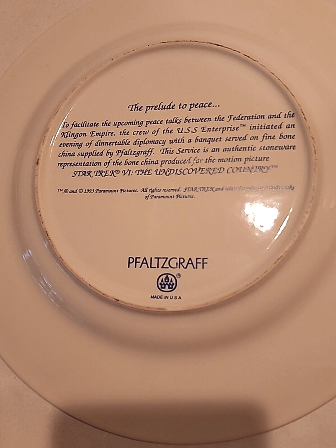 Star Trek Undiscovered Country 10 1/4" Pfaltzgraff  Bone China plate.