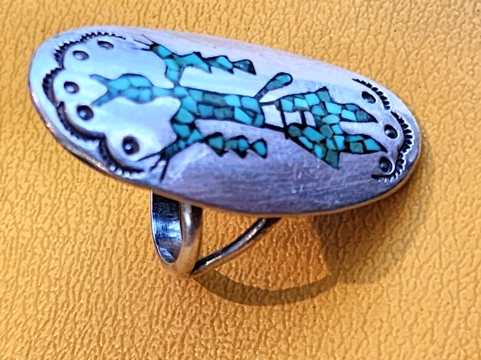 Vintage Navajo Ring 925 Silver Inlaid Coral & Turquoise Size 8.5