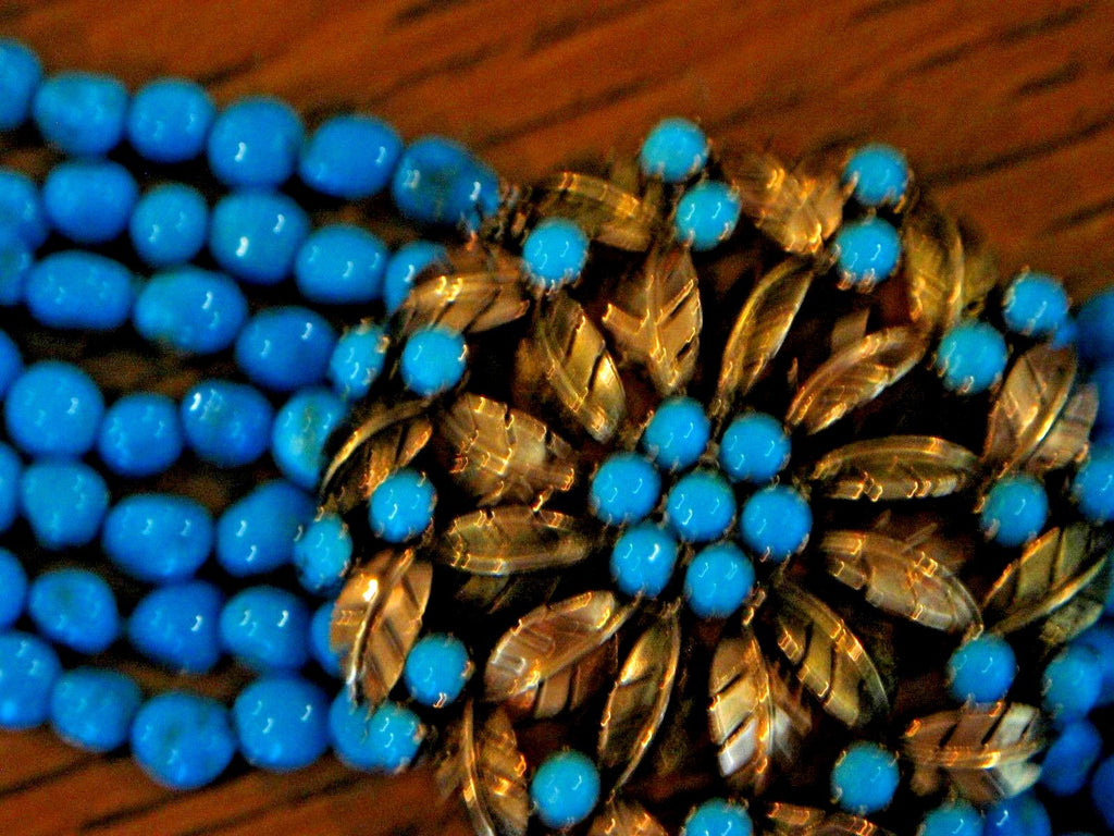 Beautiful 7 Strand Turquoise Bead 6 3/4" Bracelet with 14K Medallion