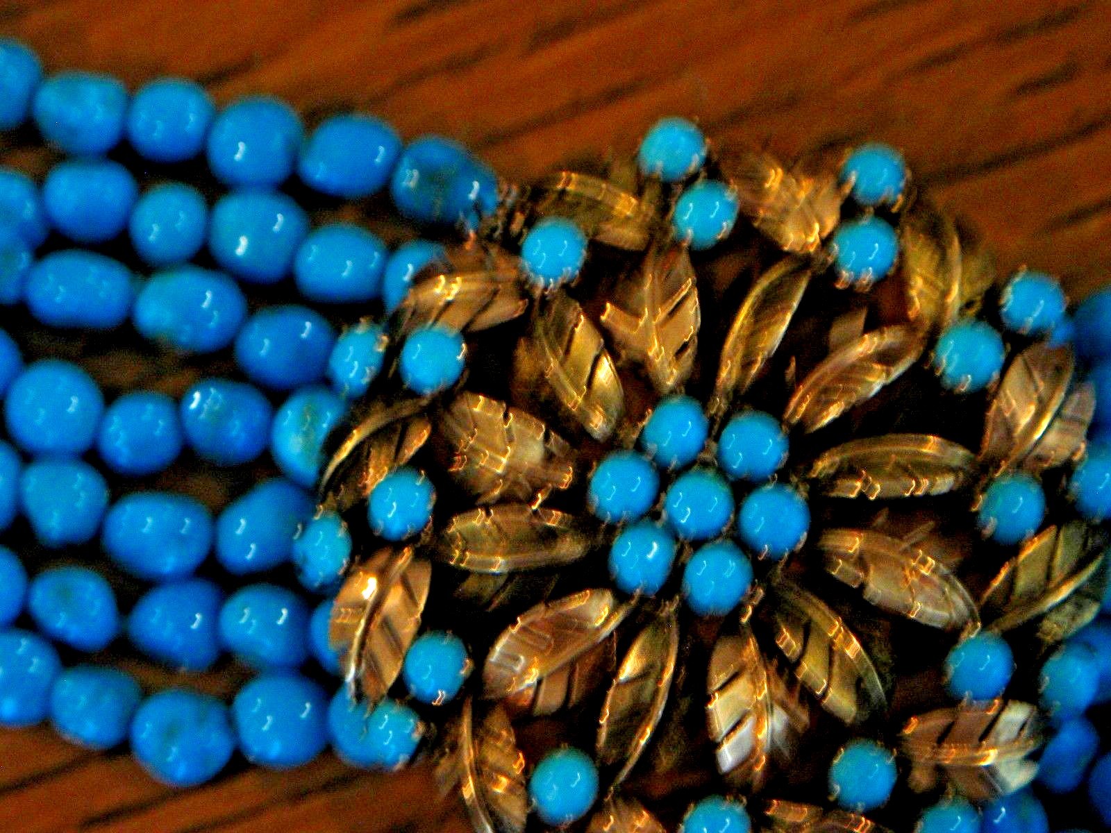 Beautiful 7 Strand Turquoise Bead 6 3/4" Bracelet with 14K Medallion
