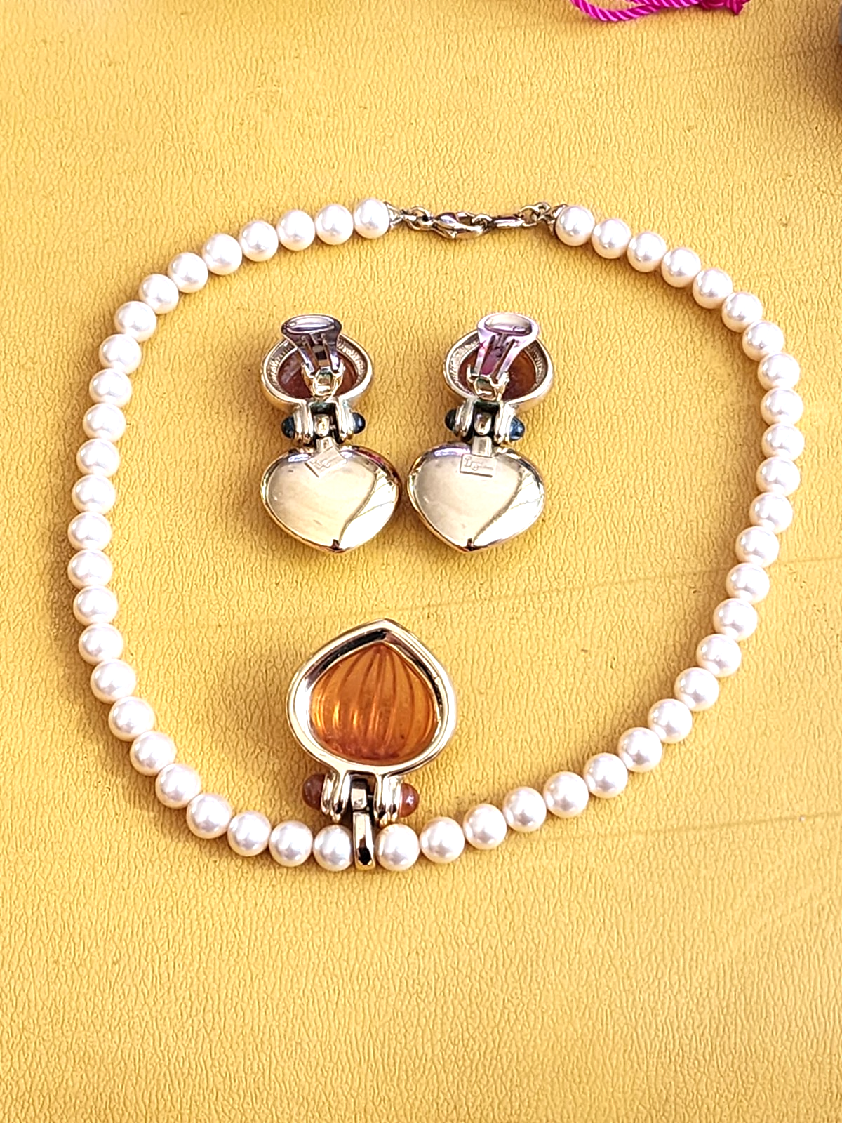 Ultima Edizione Vintage Pearl And Faux Carnelian Necklace & Earring Set