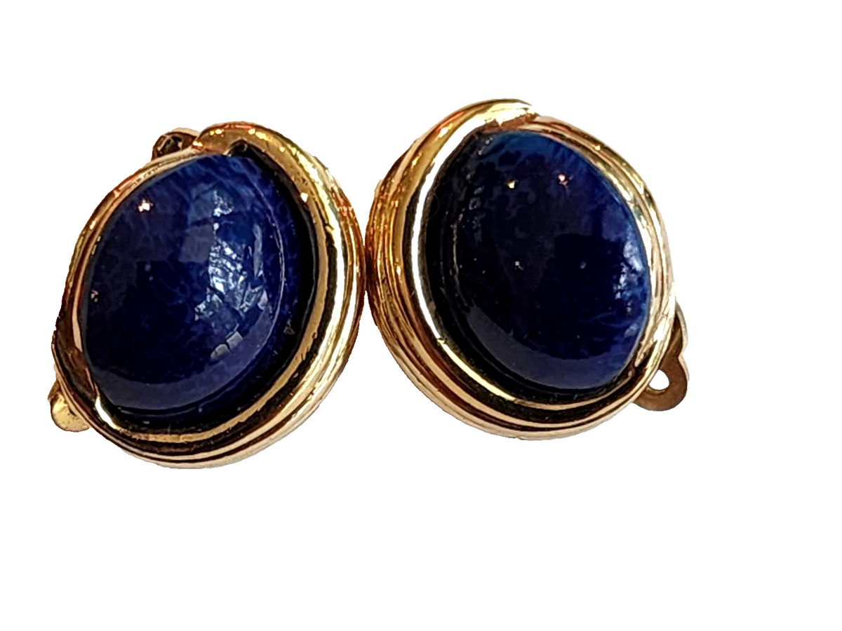VINTAGE SIGNED PANETTA FAUX LAPIS LAZULI GLASS CABOCHONS MODERNIST EARRINGS