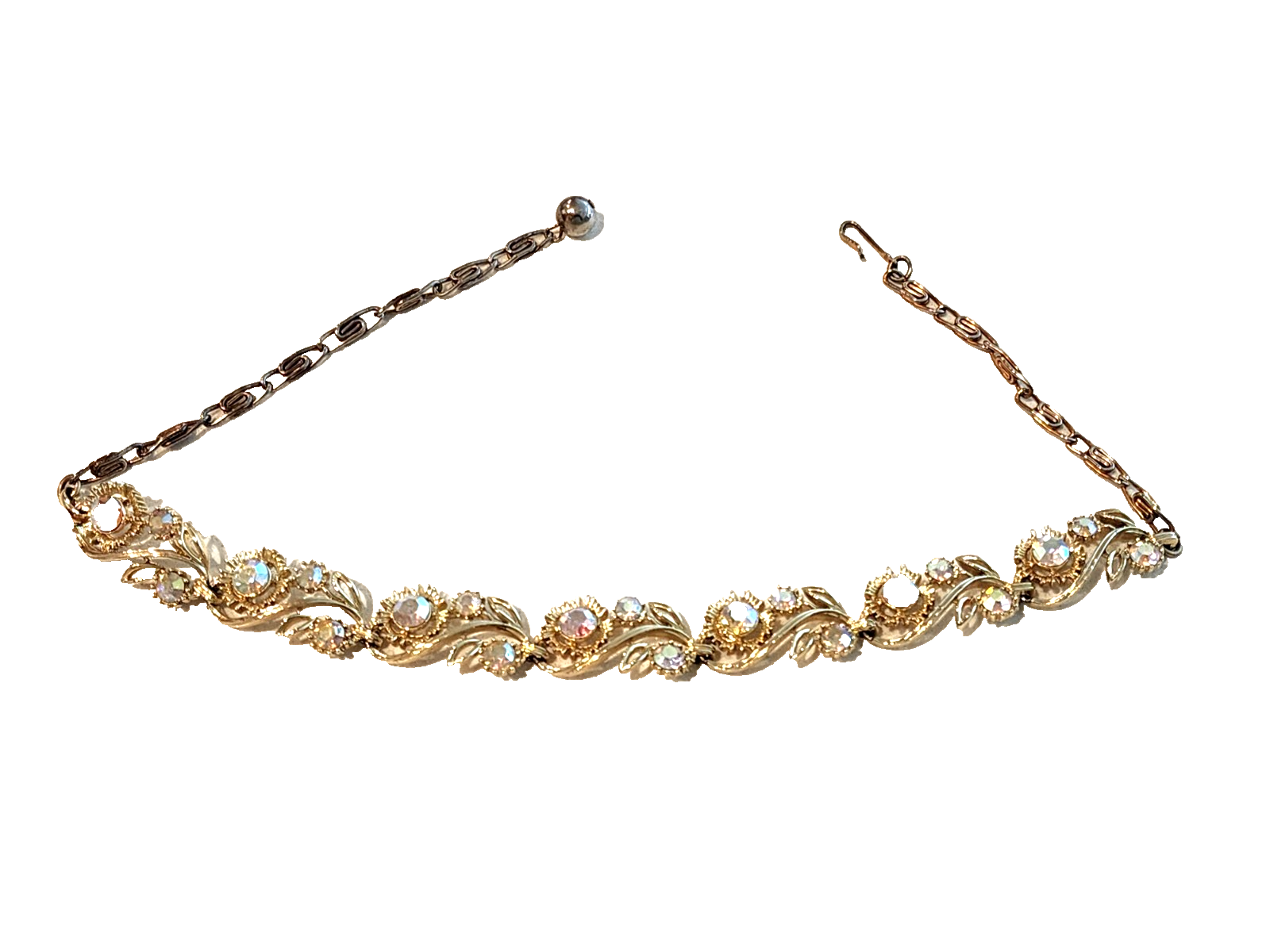 VINTAGE GOLD TONE AURORA BOREALIS RHINESTONE FLOWER NECKLACE