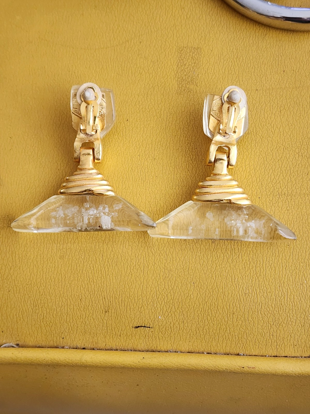 Dominique Denaive Paris Women’s Clip Earrings Gold Plate Clear Resin Chunky 2”