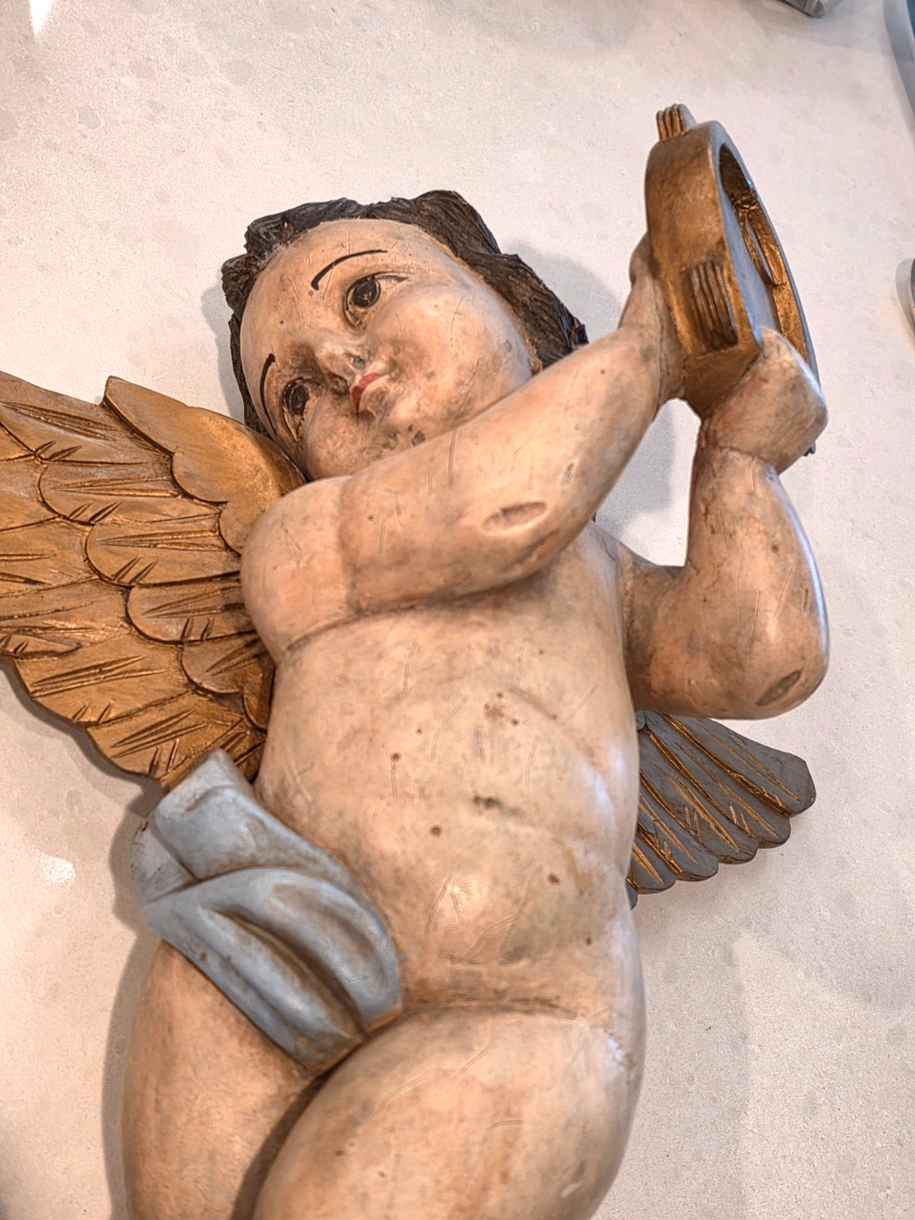Antique Pair Wood Italian Cherub Putti Sculptures Playing Musical Instruments