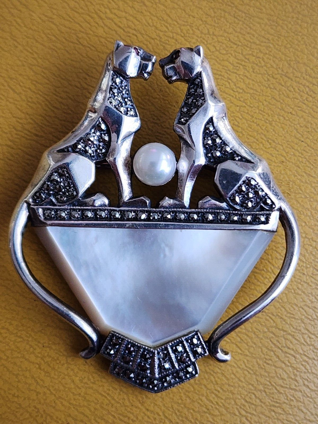 Art Deco Sterling Marcasite Panther & MOP Brooch