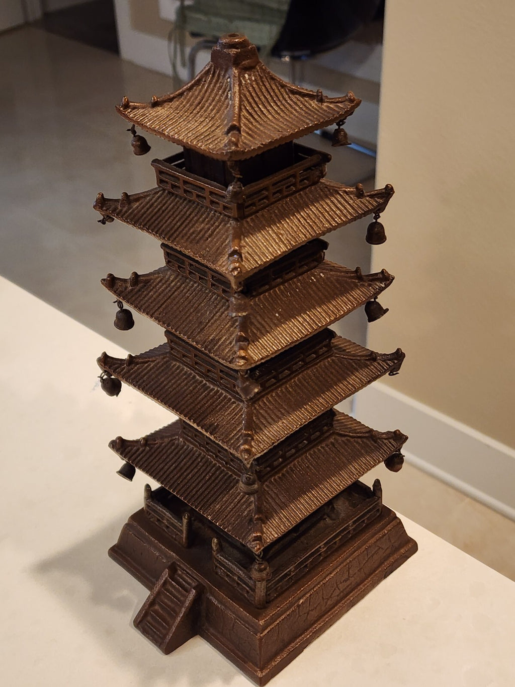 9" Old Chinese Bronze 5 layer Yellow Crane Tower House Attic Statue