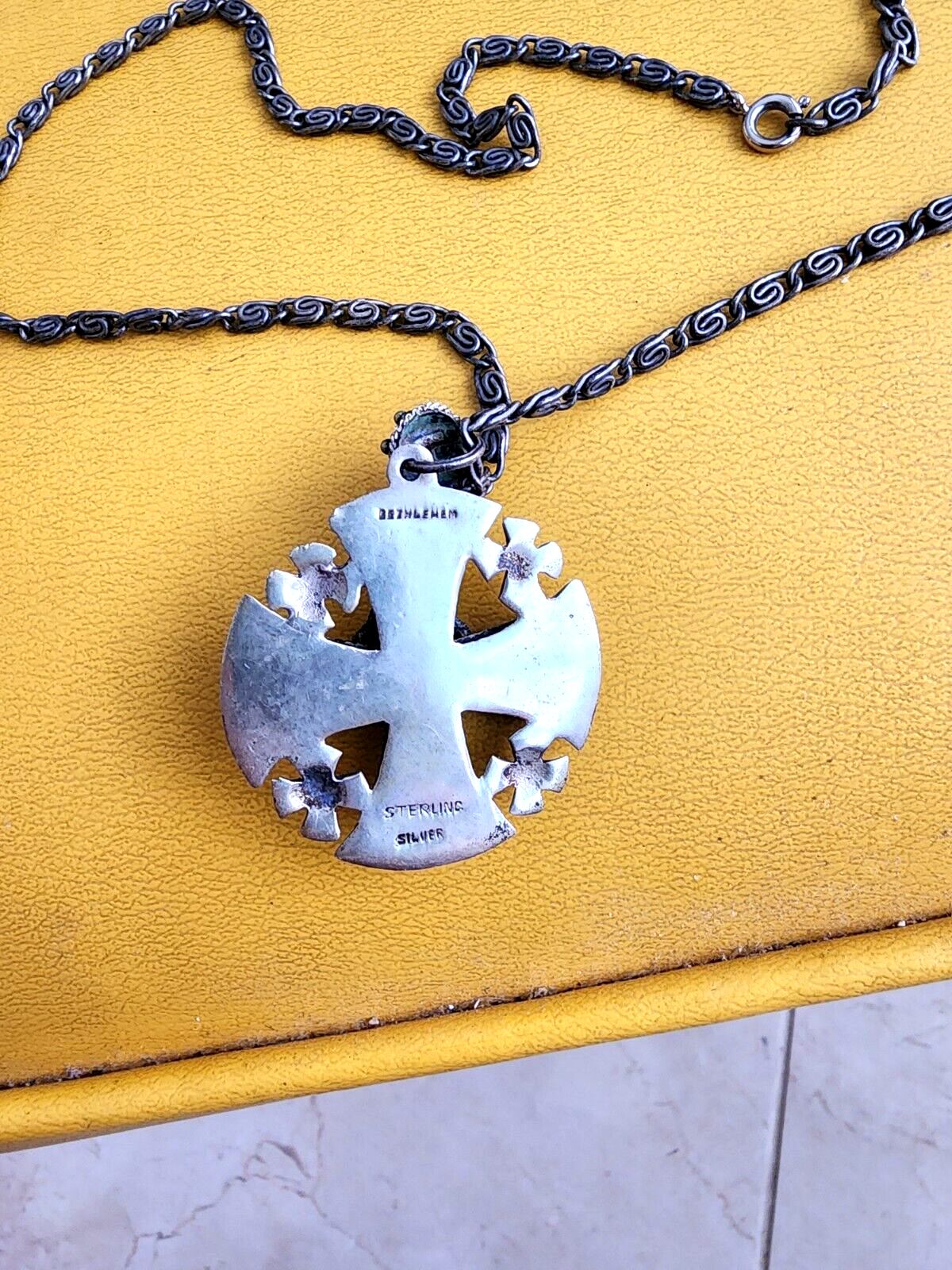 VIntage Sterling Silver Ornate Bethlehem Cross Pendant With Handmade Cross Chain