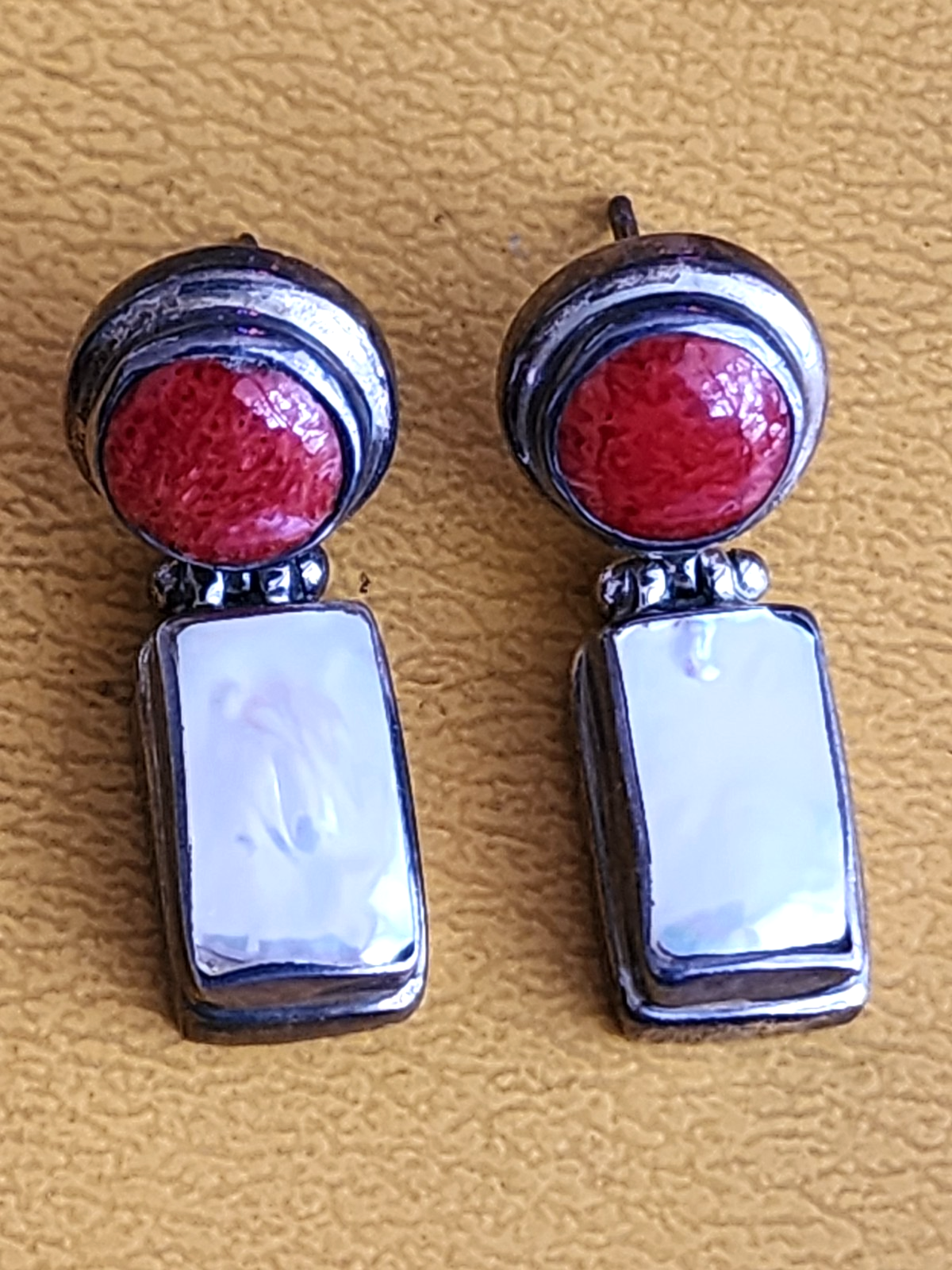 Sterling Silver Coral & Mother Of Pearl Earrings