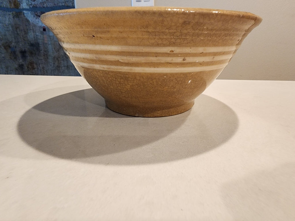 Small 7 1/4" Yellow Ware Mixing Bowl - Stoneware - 4 White Slip Bands