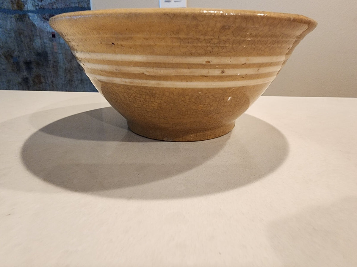Small 7 1/4" Yellow Ware Mixing Bowl - Stoneware - 4 White Slip Bands