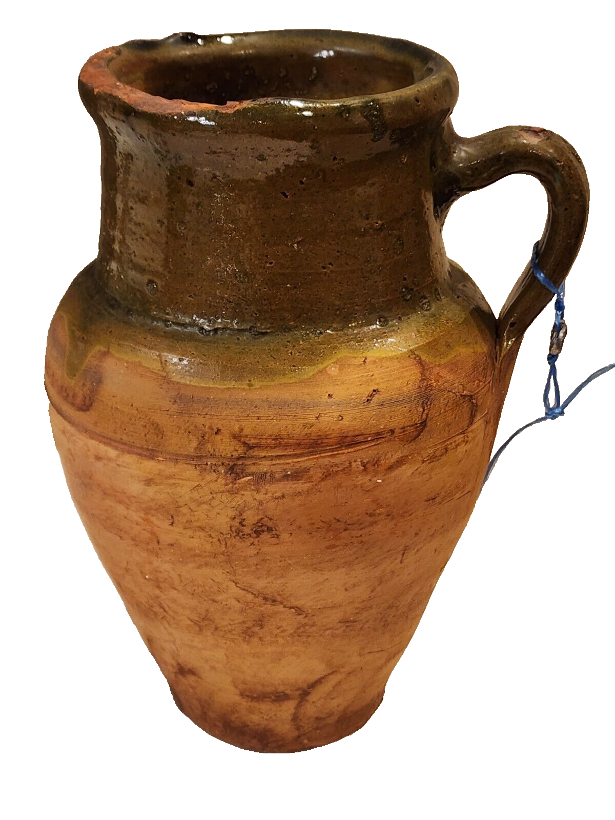 ANTIQUE TURKISH 10" TERRACOTTA JUG WITH LEAD TAG