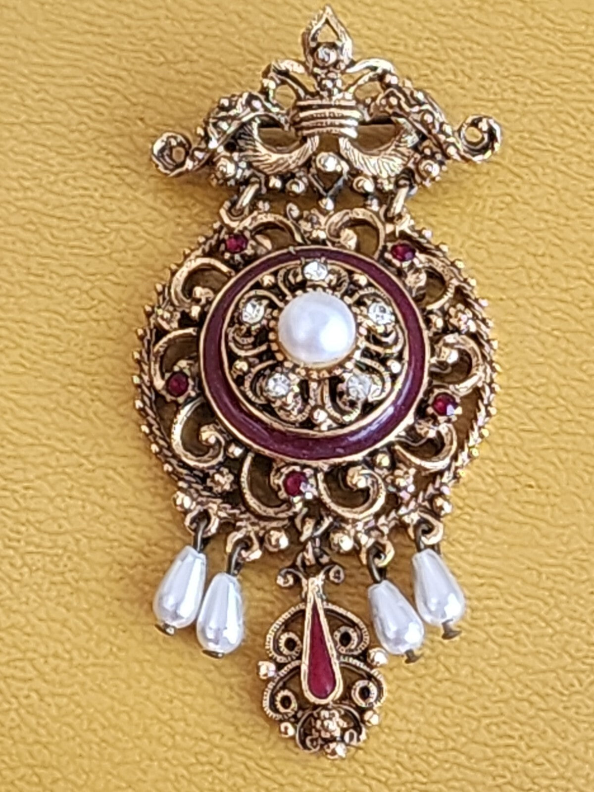 Florenza Victorian Style Ornate Faux Pearl  Rhinestone Brooch Revival Pin Mother