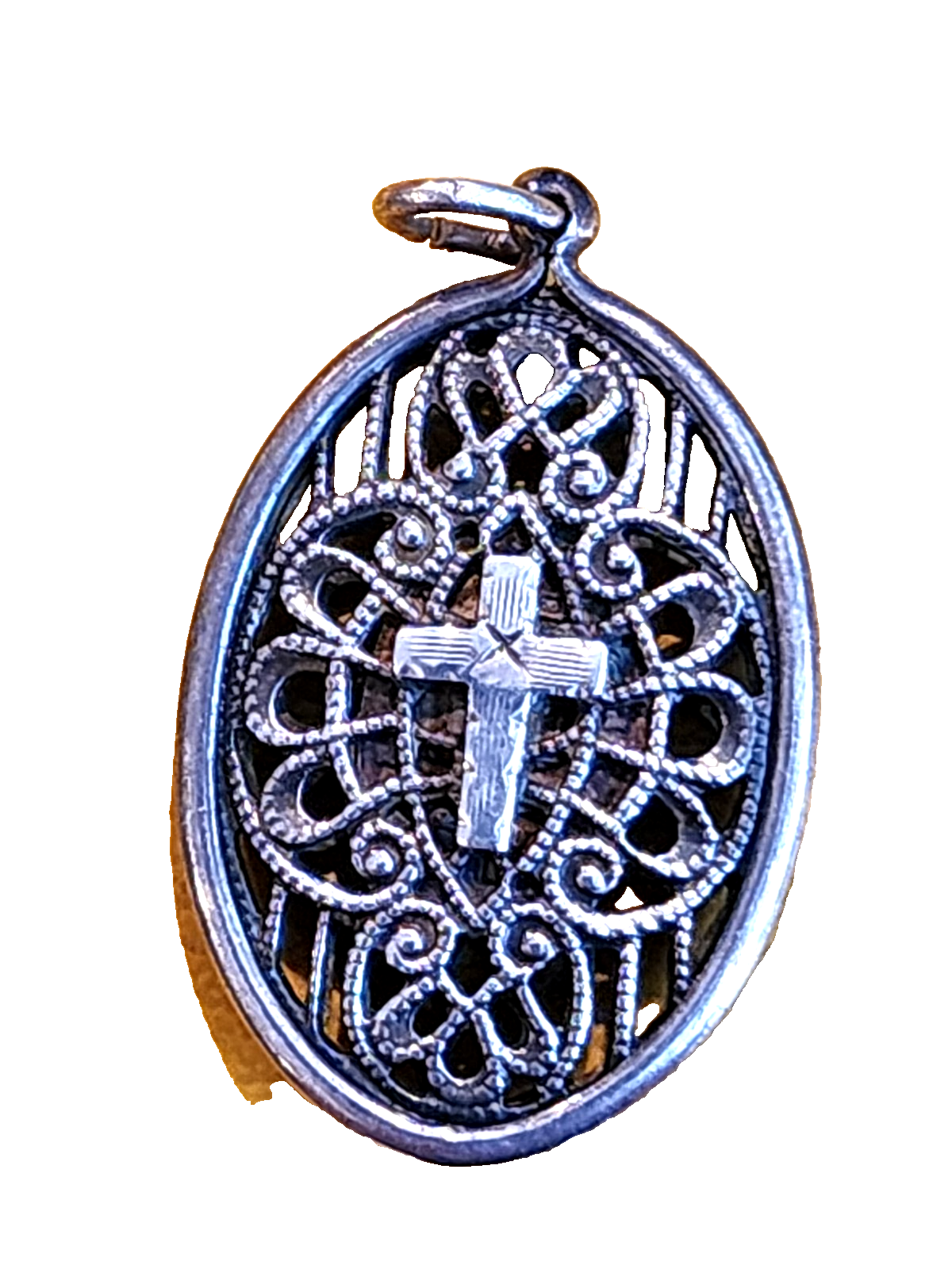 Caged Miraculous Medal in Vintage Filligree Sterling Cross Pend