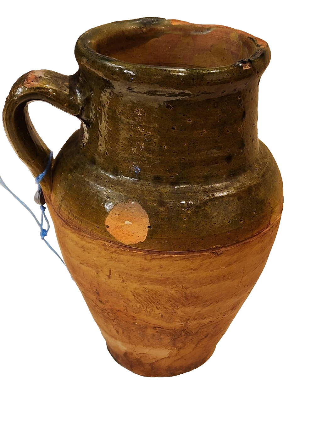 ANTIQUE TURKISH 10" TERRACOTTA JUG WITH LEAD TAG