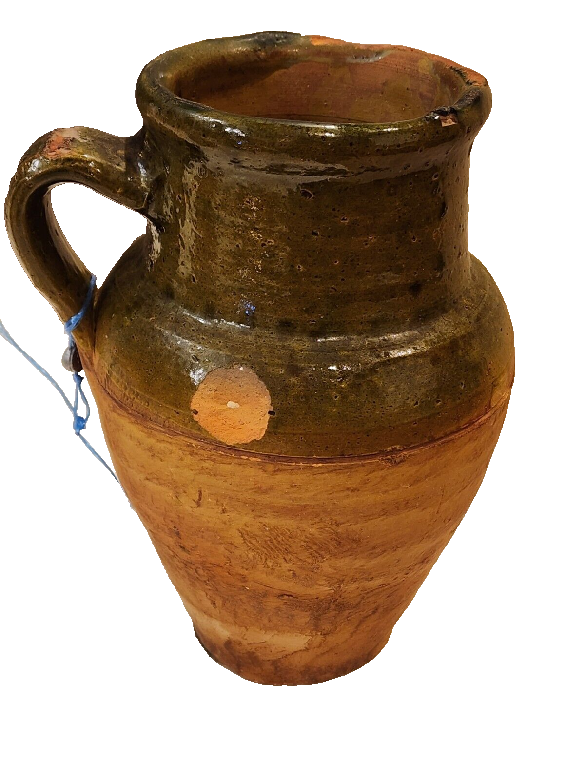 ANTIQUE TURKISH 10" TERRACOTTA JUG WITH LEAD TAG
