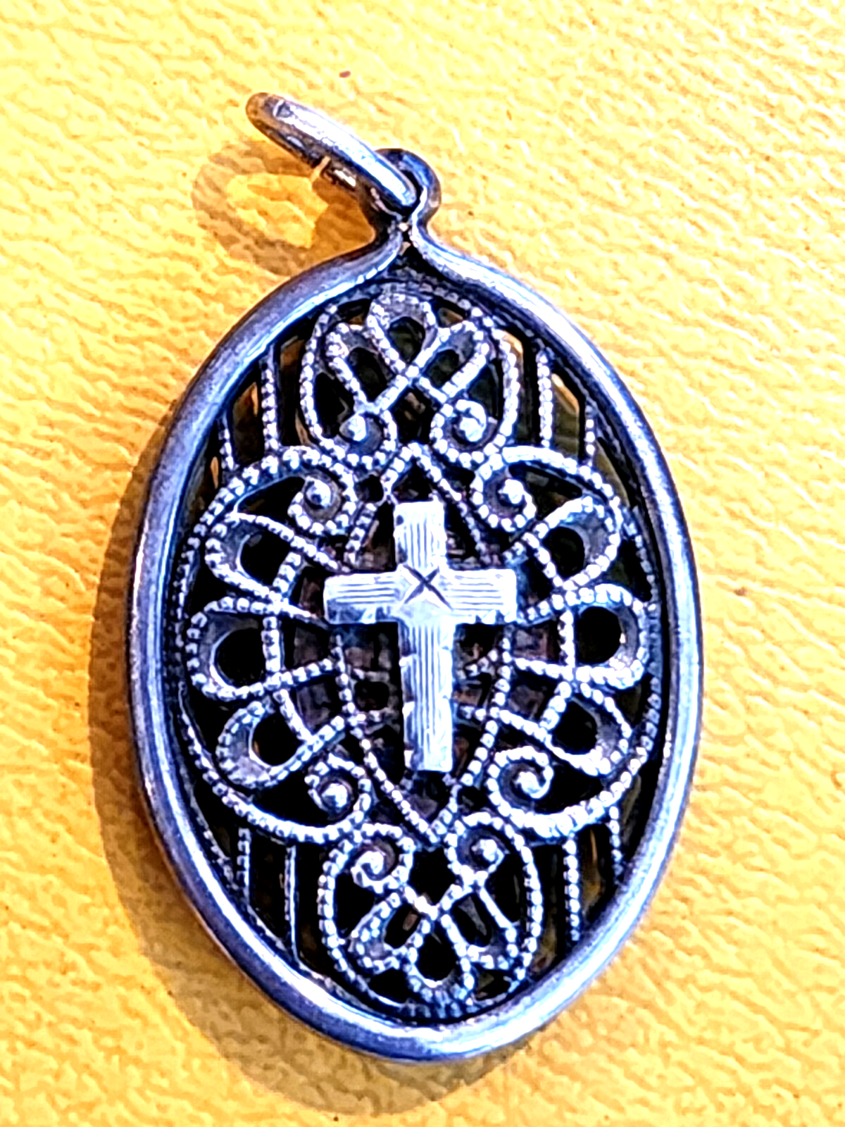 Caged Miraculous Medal in Vintage Filligree Sterling Cross Pend