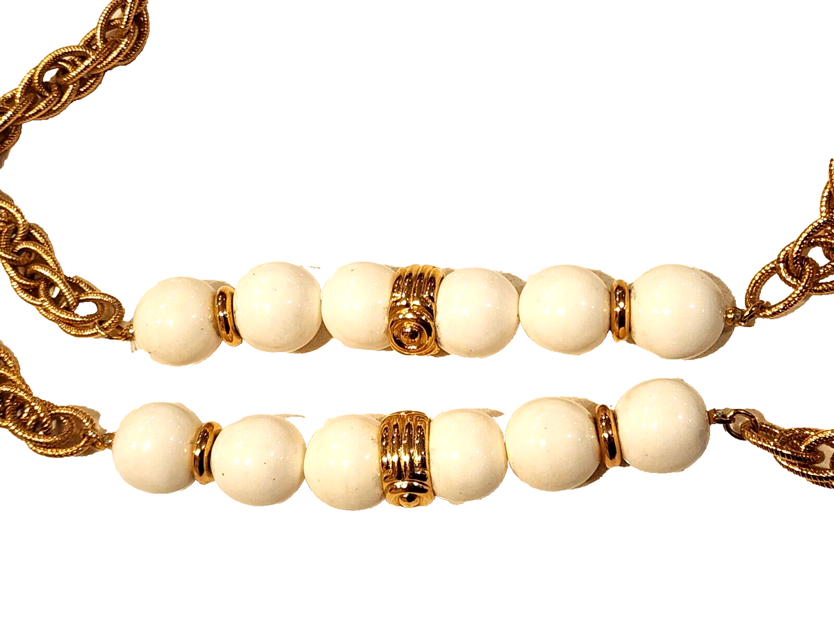 1977 Signed GIVENCHY White Beaded Necklace Gold Tone Chain