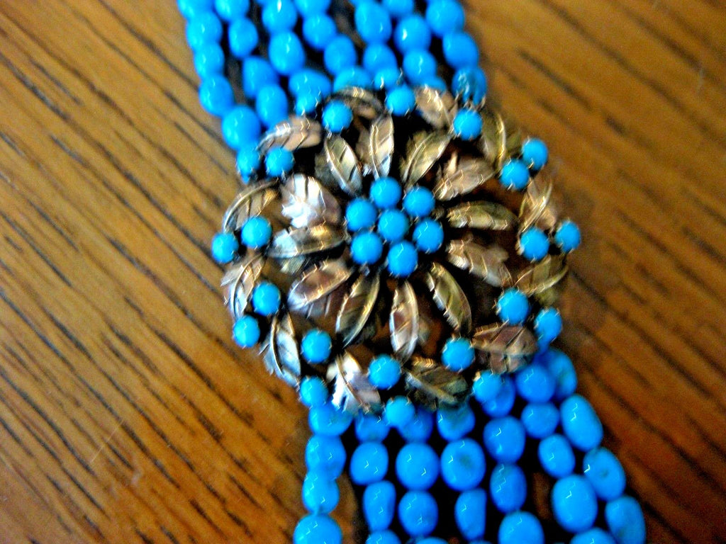Beautiful 7 Strand Turquoise Bead 6 3/4" Bracelet with 14K Medallion