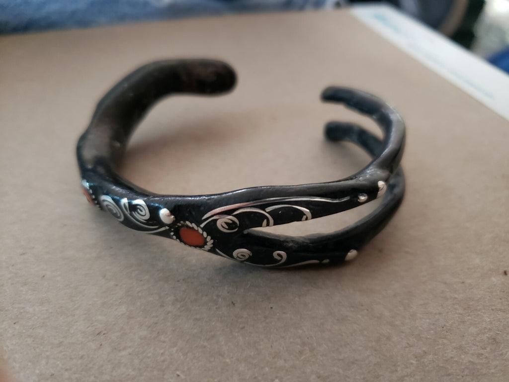 Natural Black Coral Branch Bracelet with Red Coral & Sterling Silver Inlay