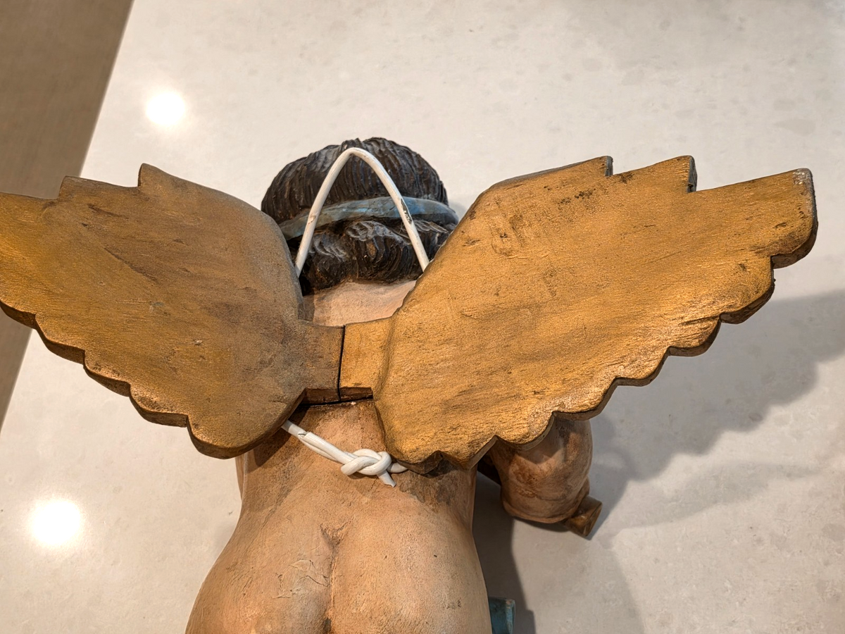 Antique Pair Wood Italian Cherub Putti Sculptures Playing Musical Instruments