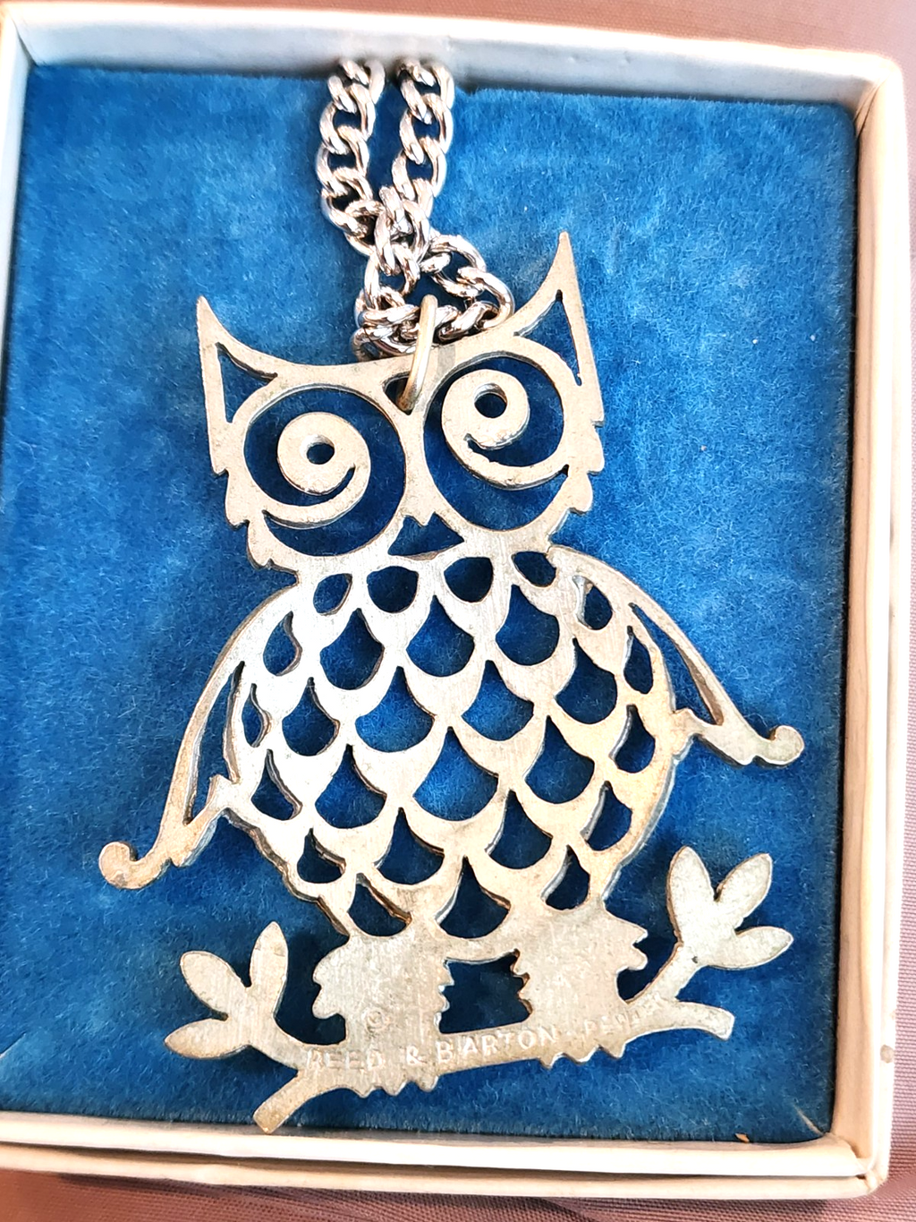 Vintage Reed & Barton OWL and Chain. Pewter - Comes with original box