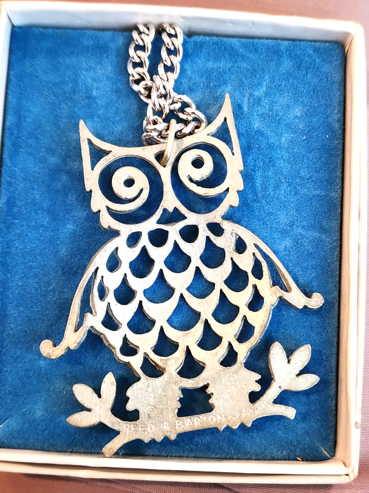 Vintage Reed & Barton OWL and Chain. Pewter - Comes with original box