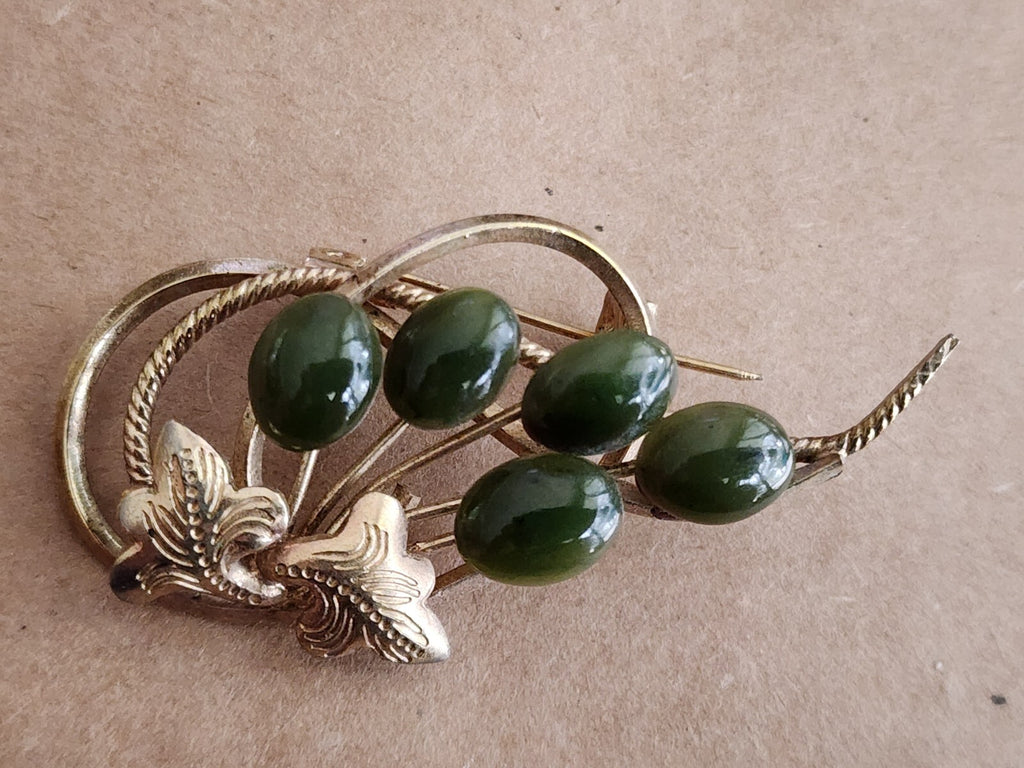 Vtg 1966 Designer Swoboda Brooch Pin Jade Grade A Green Flower Gold Pl