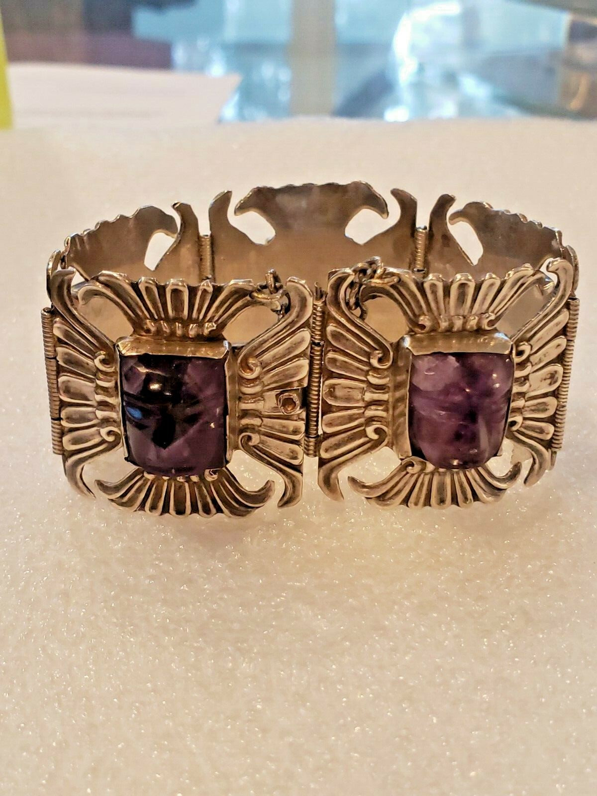 Beautiful 1940s Mexico Sterling and Amythyst in Faces Bracelet